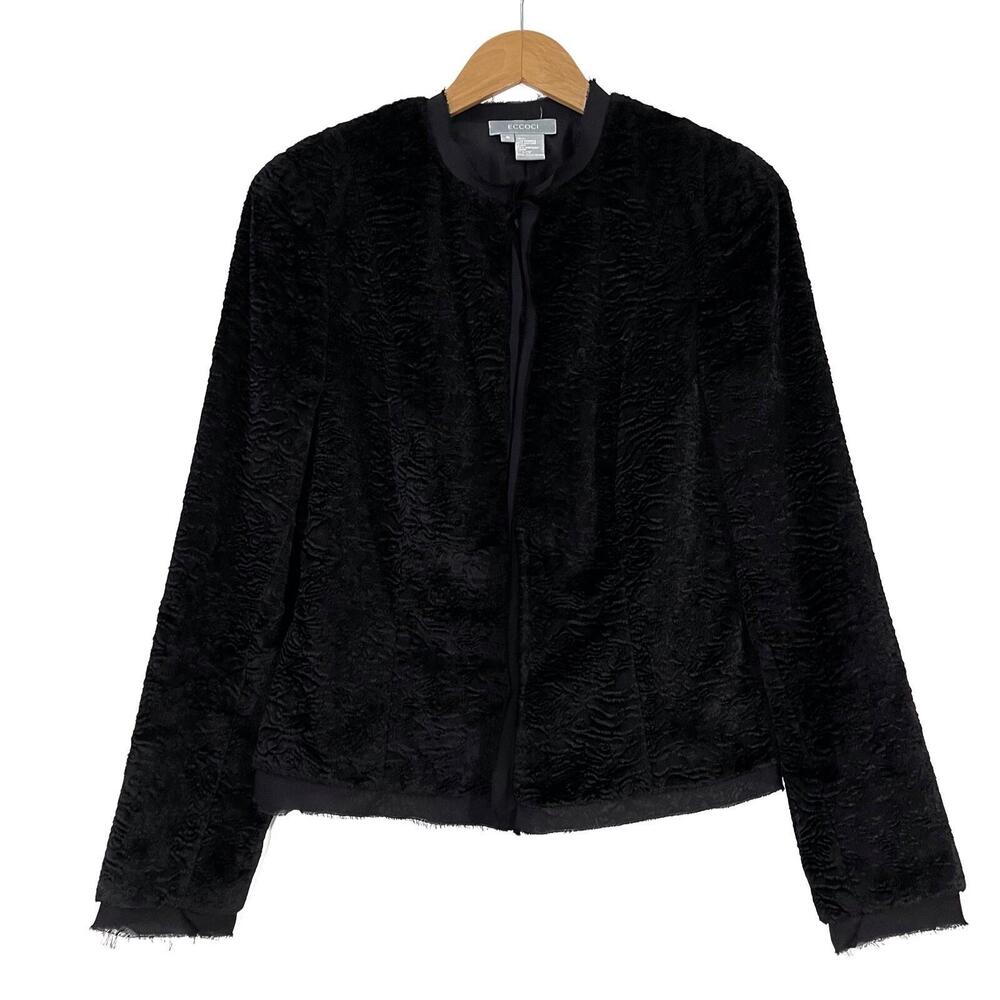Eccoci Women’s Size 6 Small Black Faux Fur Silk Trim Button Front Blazer Jacket